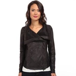 CALVIN KLEIN | Black Faux Leather Waterfall Drape Front Moto Jacket, Size S